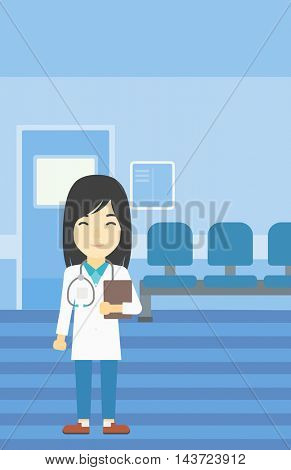 An asian friendly doctor holding a file in hospital corridor. Smiling female doctor with stetoscope carrying folder of patient or medical information. Vector flat design illustration. Vertical layout.