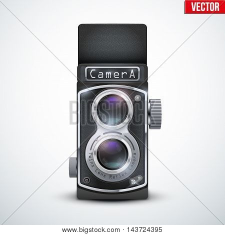 Vintage twin lens reflex camera with open viewfinder. Front view. Realistic retro design of medium format camera. Vector Illustration isolated on white background.