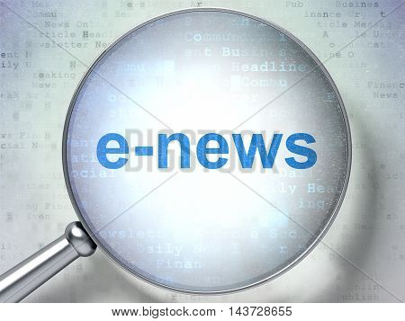 News concept: magnifying optical glass with words E-news on digital background, 3D rendering