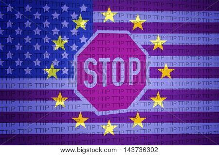 Eu flag, USA flag and stop sign - TTIP concept