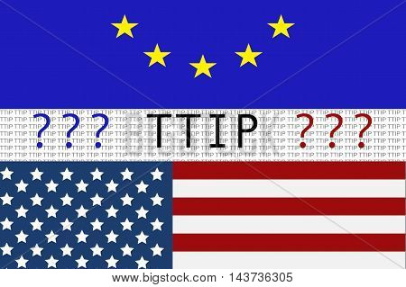 Eu flag, USA flag and question marks - TTIP concept