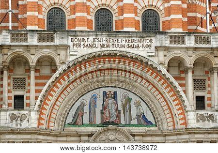 Detail of the exterior of Westminster Cathedral in London England - the seat of the Cardinal Archbishop of Westminster and the Mother Church for Roman Catholics in England and Wales.