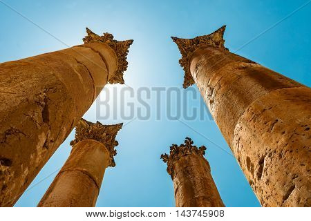 Roman columns in the Jerash (Gerasa) Jordan. Ancient Jerash. Ruins of the Greco-Roman city of Gerasa Jordan.