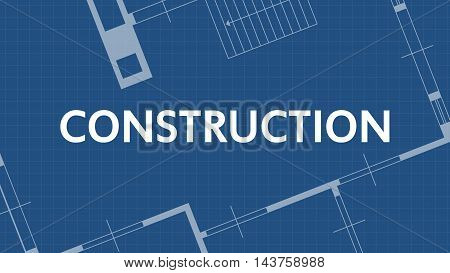 illustration of blueprint construction word and house on blue backgound