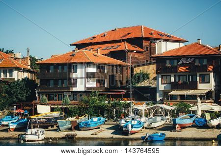 NESSEBAR BULGARIA AUGUST 31 2015: Panoramic view of ancient town of Nessebar and boats from sea.