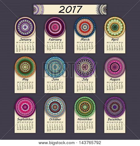 Calendar 2017. Vintage Decorative Colorful Elements. Ornamental Floral Oriental Pattern, Vector Illu