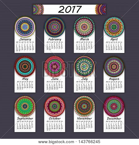 Calendar 2017. Vintage Decorative Colorful Elements. Ornamental Floral Oriental Pattern, Vector Illu