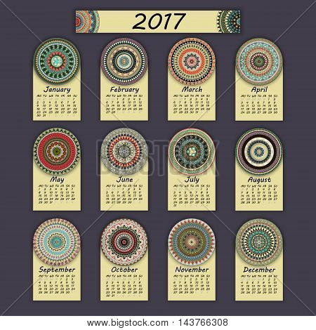 Calendar 2017. Vintage Decorative Colorful Elements. Ornamental Floral Oriental Pattern, Vector Illu