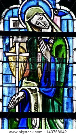 Poissy France - august 6 2016 : stained glass window of the historical collegiate church where the king Saint Louis was baptised