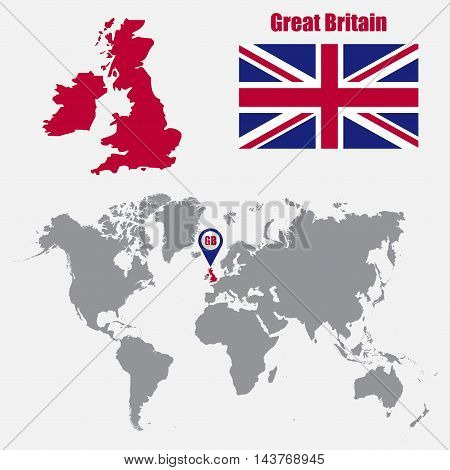 UK map on a world map with flag and map pointer. Vector illustration