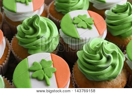 Tasty cupcakes, closeup. Saint Patrics Day concept