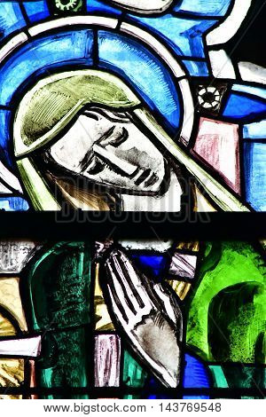 Poissy France - august 6 2016 : stained glass window of the historical collegiate church where the king Saint Louis was baptised