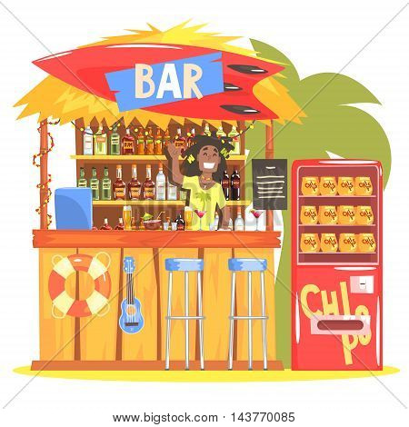 Beach Bar In Tropical Style Design With Smiling Rasta Barman. Bright Color Graphic Cool Flat Vector Detailed Illustration.