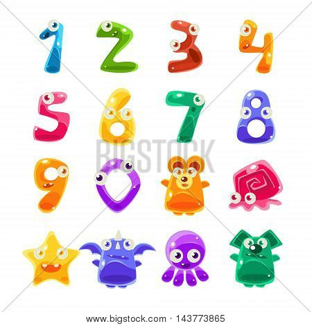 Digit Shaped Animals And Jelly Creatures Set Of Bright Glossy Drawings In Fantastic Childish Style On White Background