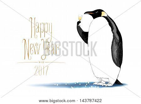 Happy new year 2017 vector seasonal greeting card. Penguin with champagne wine funny nonstandard celebration illustration. Design element with Happy New Year hand drawn lettering