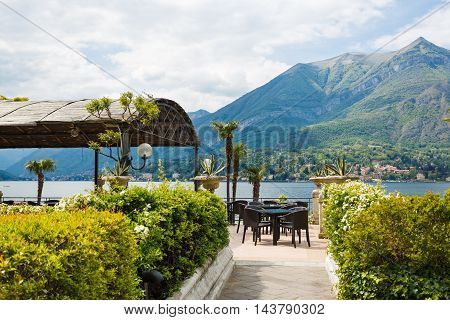 Bellagio Italy - May 06 2016: View of the summer terrace of Grand Hotel Villa Serbelloni at spring time