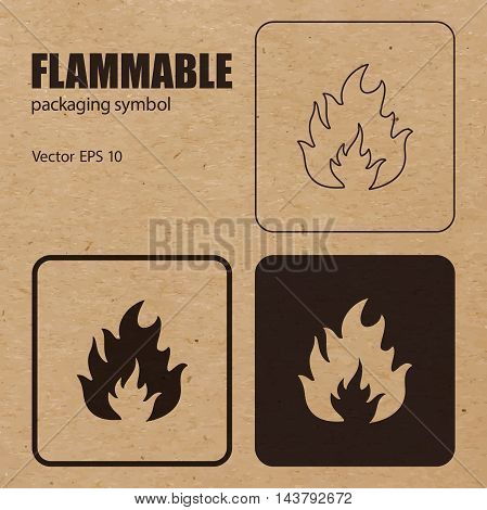 Different appearances of Flammable packaging symbol on craft paper background can be used on the box or packaging. Vector EPS 10.