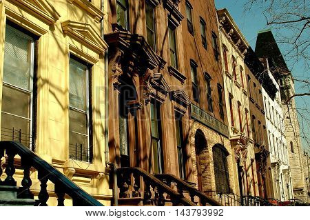 New York City - April 6 2005: Elegant brownstones on West 130th Street in Harlem