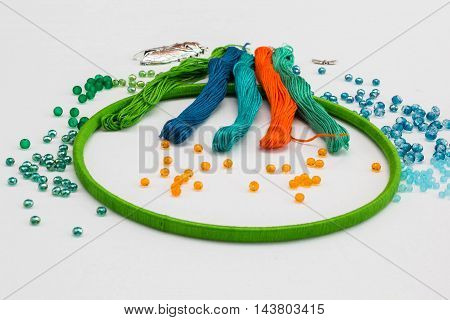 set for making a Dreamcatcher beads thread on a white background