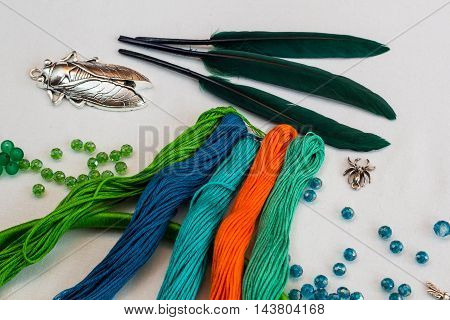 set for making a Dreamcatcher beads thread on a white background