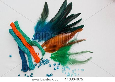 set for making a Dreamcatcher beads thread on a white background