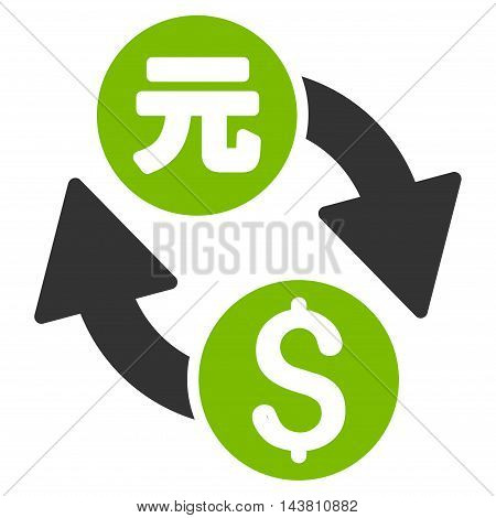 Dollar Yuan Exchange icon. Vector style is bicolor flat iconic symbol with rounded angles, eco green and gray colors, white background.