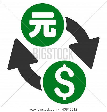 Dollar Yuan Exchange icon. Vector style is bicolor flat iconic symbol with rounded angles, green and gray colors, white background.