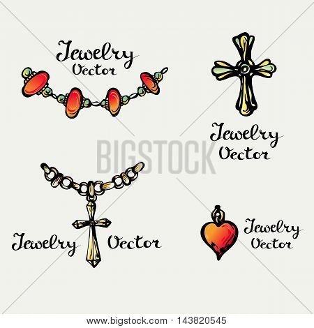 Doodle Jewelry. Collection hand drawn fashion elements. Set of jewellery fashionable icons. Sketches for beauty salon or jewelry store. Vector illustration.