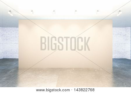 Blank light brown wall in interior with brick walls ceiling lamps and concrete floor. Mock up 3D Rendering