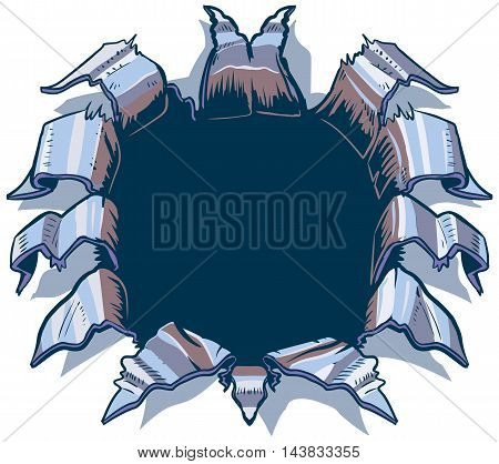 This vector cartoon clip art illustration template is designed to appear as though something behind the background is ripping punching or exploding through aluminum or chrome steel sheet metal. What that something will be is up to you!