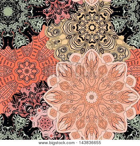 Vector seamless pattern with flowery mandalas print made in oriental style. Wrapper, textile, background or front-side.