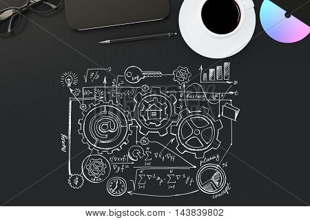 Top view of black desktop with business sketch coffee cup glasses smartphone and other items. 3D Rendering