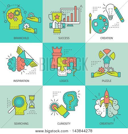 Creative concept colored icons with different activities of human brain during searching of solutions isolated vector illustration