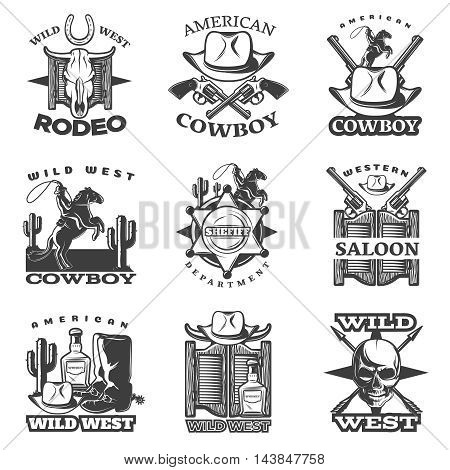 Black wild west emblem set with wild west rodeo American cowboy western saloon descriptions vector illustration