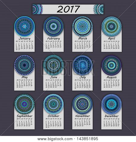 Calendar 2017. Vintage Decorative Colorful Elements. Ornamental Floral Oriental Pattern, Vector Illu