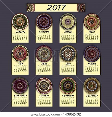 Calendar 2017. Vintage Decorative Colorful Elements. Ornamental Floral Oriental Pattern, Vector Illu