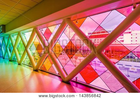 MIAMI, FLORIDA - JULY 9, 2016: Colorful glass at Miami International Airport.