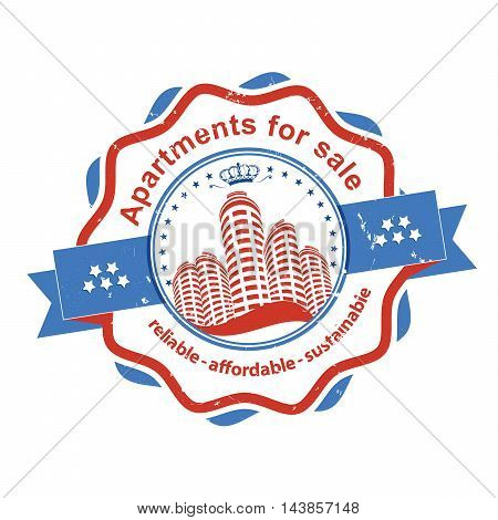 Apartments for sale - reliable, affordable, sustainable - bi-color grunge stamp / ribbon / sticker for real estate agencies. Print colors used. Grunge layer is applied exactly on the colored stamp.