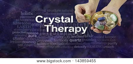 Crystal Therapy word cloud - female crystal therapist offering yellow stone from a selection of crystals in a brass dish, surrounded by a relevant word cloud on a dark blue night sky background