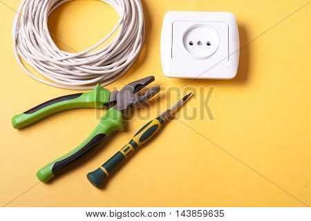 Set of electrical tool. Accessories for engineering work, energy concept
