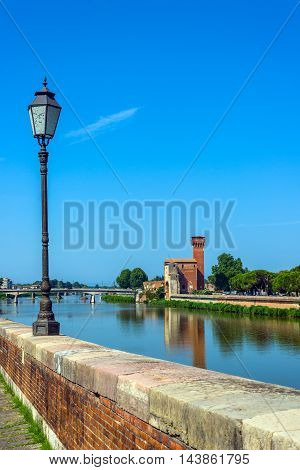 Arno River And Cittadella E Guelfa, Tower. Pisa, Tuscany. Italy.