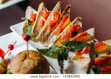Sandwich with salmon laid out on a white dish