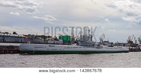 ST. PETERSBURG, RUSSIA - AUGUST 13, 2016: Russian diesel submarine S-189 (now museum) on the embankment Lieutenant Schmidt in St. Petersburg