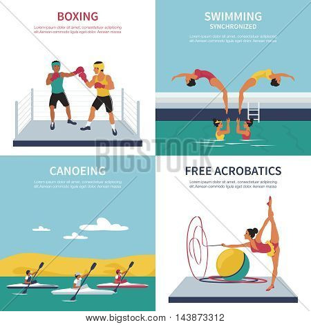 Set of illustrations on boxing synchronized swimming canoeing gymnastics. Vector flat style