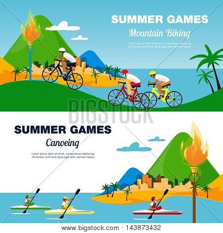 Colorful illustration for bicycling and canoeing. Flat style vector banners.