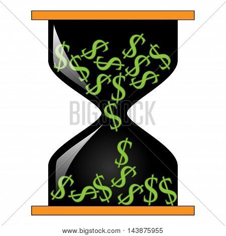 Illustration of an hourglass with dollar signs on a white background.