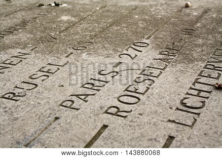 Many ways to many places signs on the old stone plate.