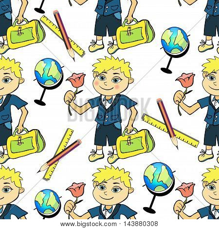 Seamless Pattern With A Student Of The First Class Boy And Globe. Vector Illustration
