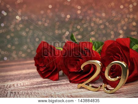 birthday concept with red roses on wooden desk. 3D render - twenty-nineth birthday. 29th