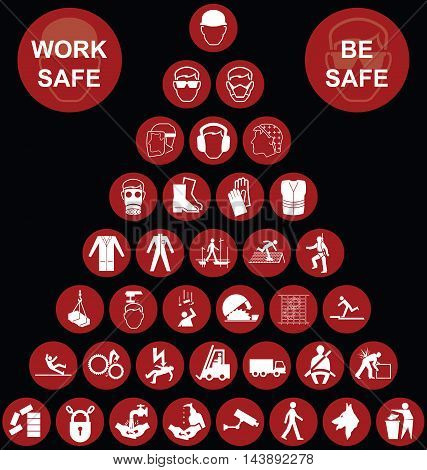 Red construction manufacturing and engineering health and safety related pyramid icon collection isolated on black background with work safe message